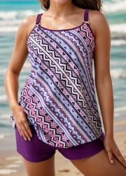 Plus Size Romantic Purple Geometric Casual Tankini Set