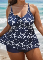 Plus Size Floral Print V Neck Stretchy Women Tankini Set