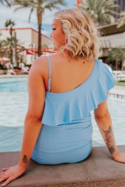 RUFFLE ONE SHOULDER ONE PIECE IN RIBBED COTTON CANDY BLUE