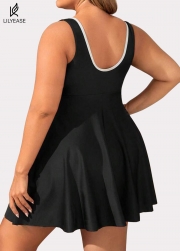 Black And White Color Block Round Neck Casual One Piece Swimdress