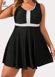 Black And White Color Block Round Neck Casual One Piece Swimdress