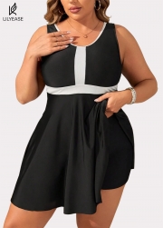 Black And White Color Block Round Neck Casual One Piece Swimdress