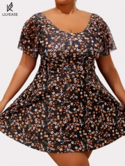 Plus Size Casual Women's Ditsy Floral Print Swimdress Set