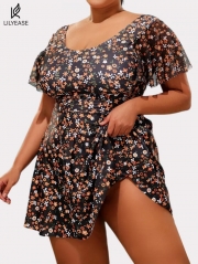 Plus Size Casual Women's Ditsy Floral Print Swimdress Set