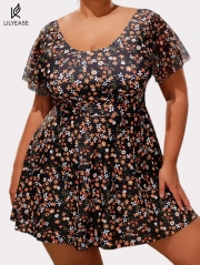 Plus Size Casual Women's Ditsy Floral Print Swimdress Set