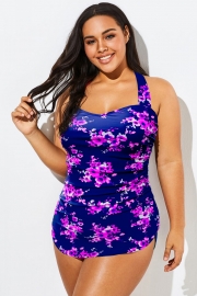 Purple H-Back Sarong Front One Piece Swimsuit