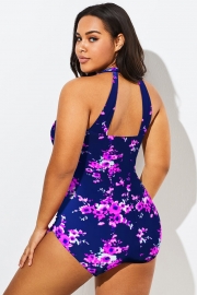 Purple H-Back Sarong Front One Piece Swimsuit