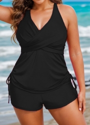 Drawstring Stylish Black Twisted Front Women Tankini Set