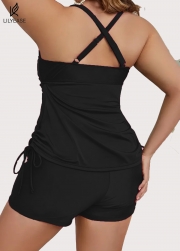 Drawstring Stylish Black Twisted Front Women Tankini Set