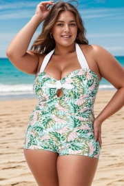 Plus Size Green Monstera Print One Piece Swimsuit