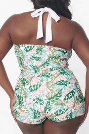 Plus Size Green Monstera Print One Piece Swimsuit