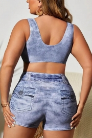 Plus Size Denim Print Round Neck Bikini Top